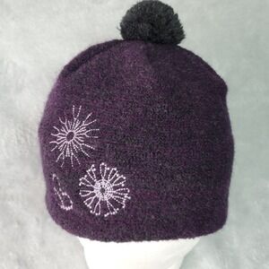 Pistil Womens Beanie Hat Purple Embroidered Sun Pom Pom Wool Blend Made in Italy